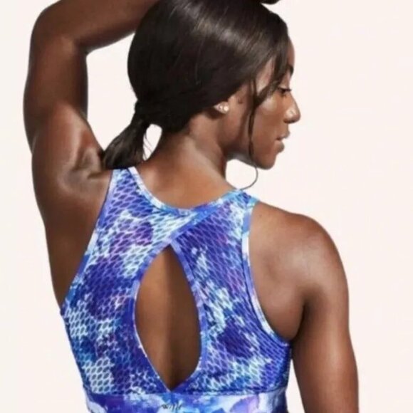 PELOTON Moves High Neck Sports Bra Medium Impact Crossback Women's Size S Blue - Picture 2 of 4